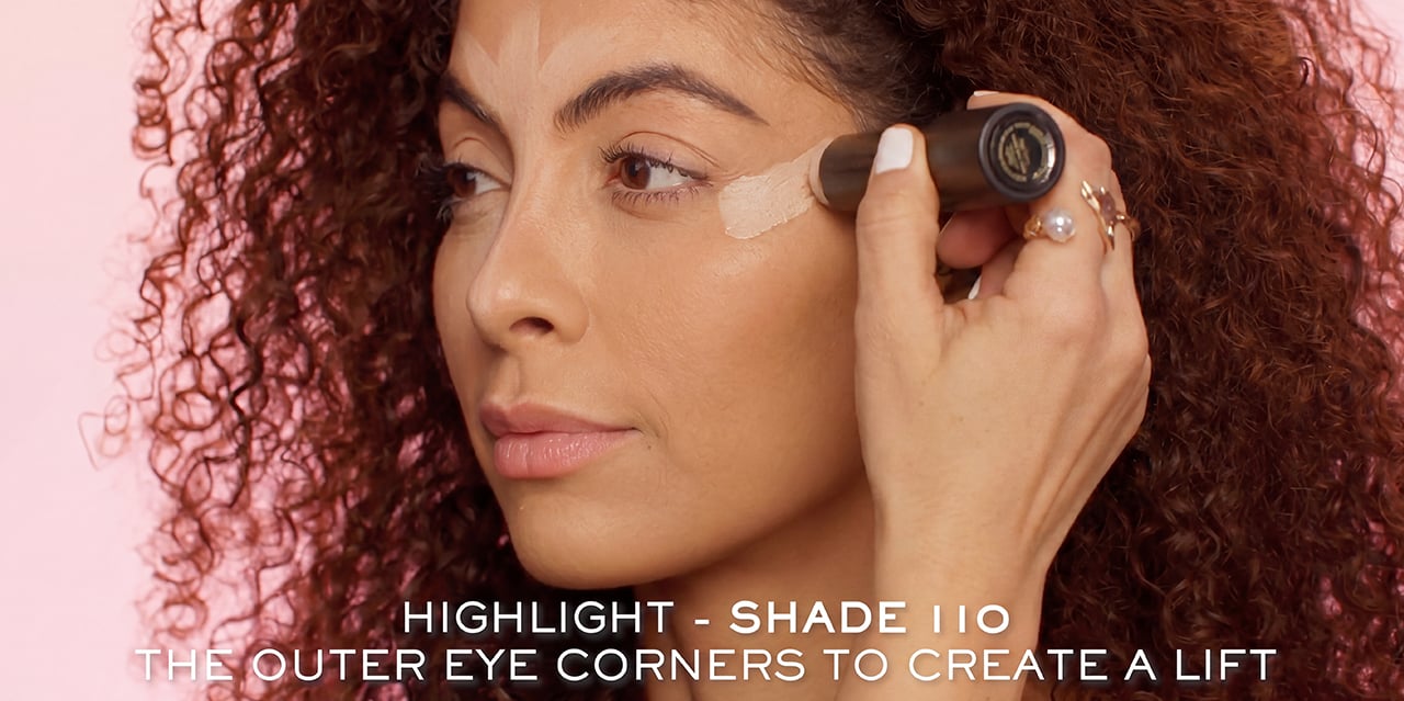 Highlighting contour shade placement on outer eye corners, under eyes, and high points of face